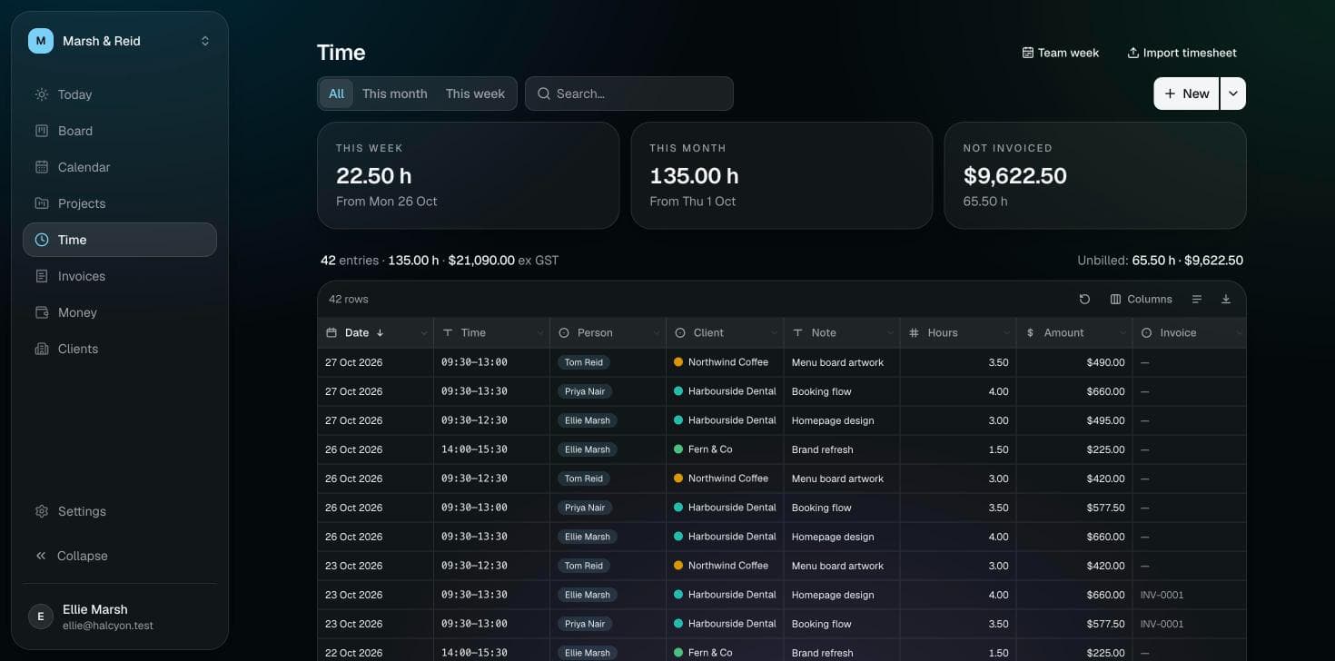 Halcyon’s time log: a studio’s hours by person and client, with what hasn’t been invoiced yet.