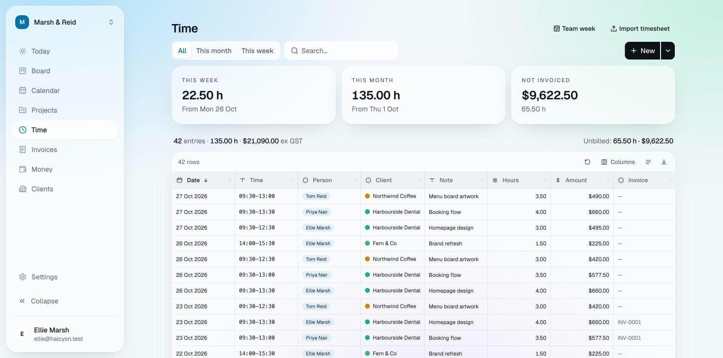 Halcyon’s time log: a studio’s hours by person and client, with what hasn’t been invoiced yet.
